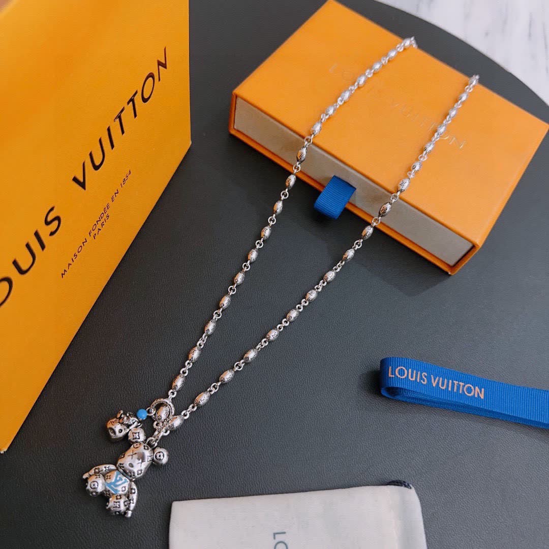 Louis Vuitton Silver Beaded Necklace with Bear Charm